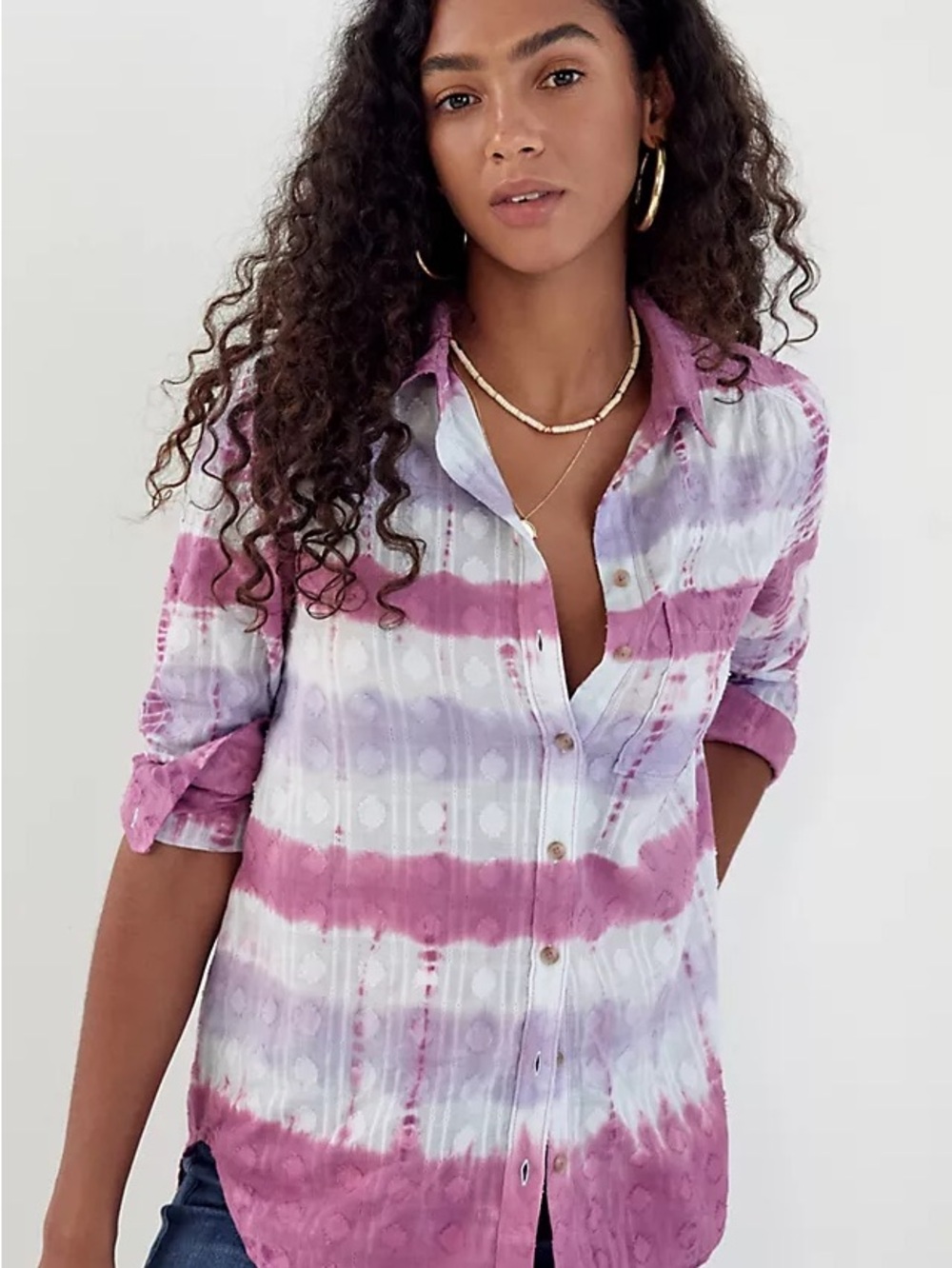 Pilcro Anthropologie Janesse Pink & Lavender Tie-Dye Button-Down Eyelet Shirt